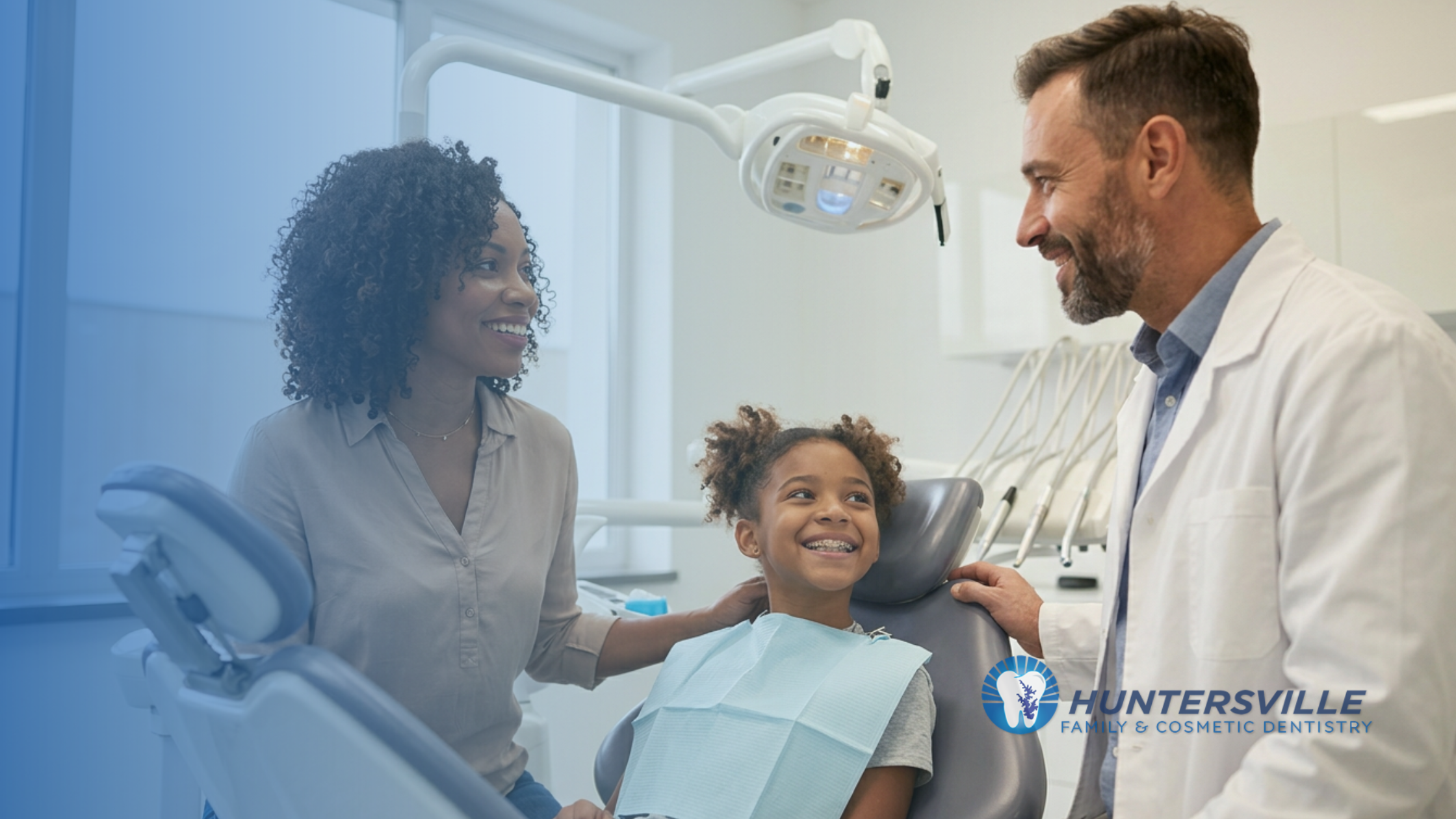 A child and her mother smiling at a dentist in Huntersville NC